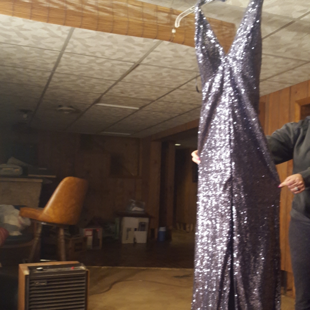 Silvery blue sequin dress with slit in the front